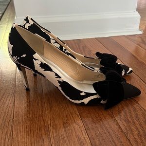 J crew Lucie pumps, black and white silk with velvet bow